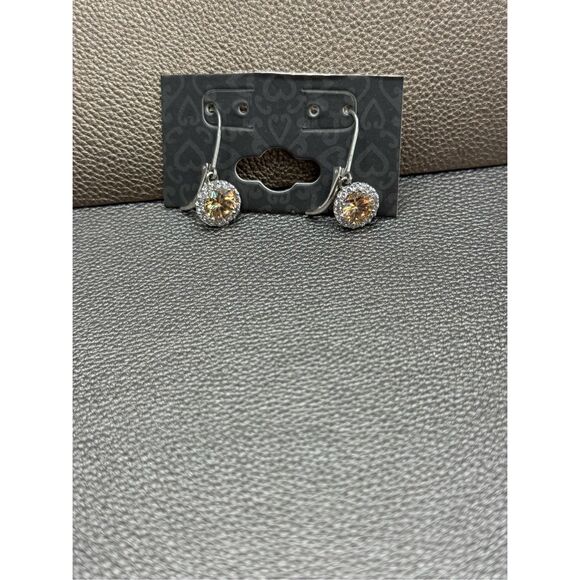 Simulated Citrine and Diamond Rhodium plated Lever back Earrings - Picture 2 of 4